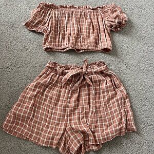 American Eagle Pink Plaid Off-Shoulder Top and Shorts Set